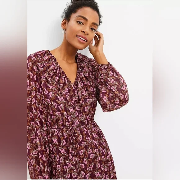 Loft Floral Long Sleeve Dress V Neck Size Medium - Picture 3 of 7
